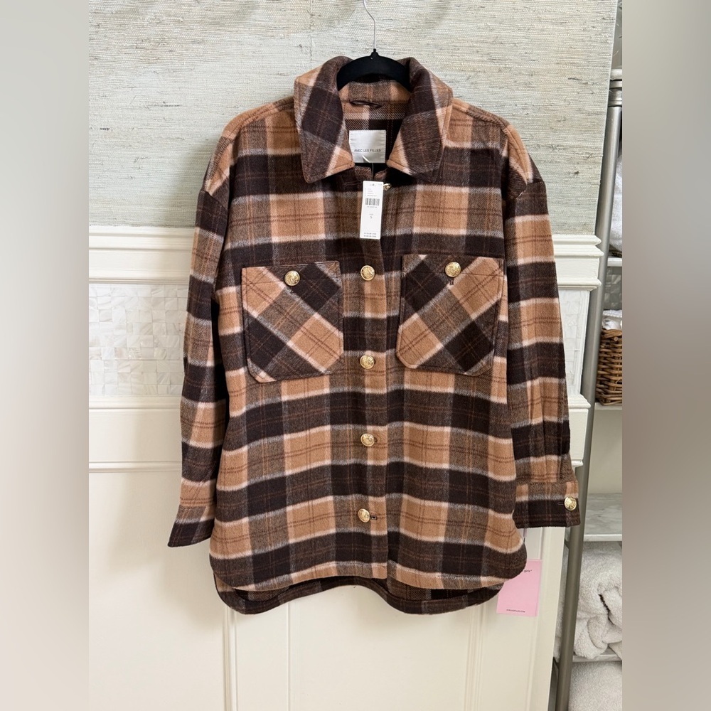 NWT new small Anthropologie avec les filles Plaid Button jacket shacket brown - Picture 3 of 16